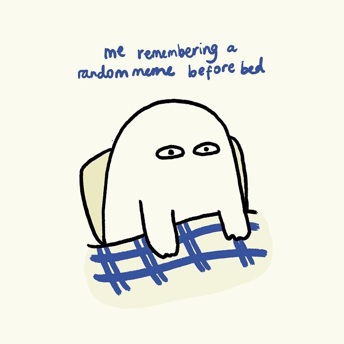 Funny and relatable doodle of a character remembering a random meme before bed, capturing everyday thoughts humorously.