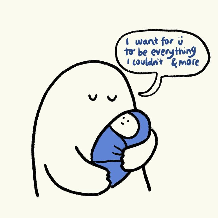 Simple doodle of a figure holding a baby with a speech bubble expressing loving and relatable everyday thoughts.