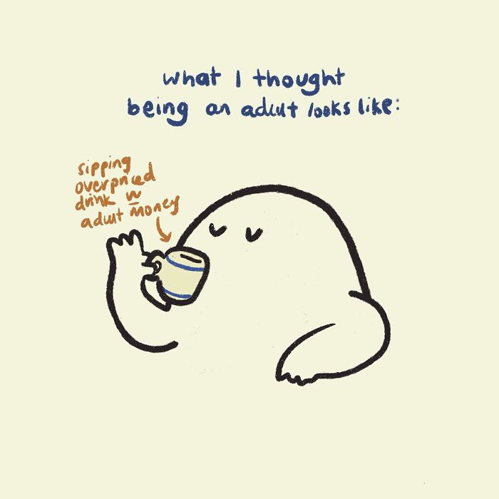 Simple doodle of a character sipping coffee, illustrating relatable everyday thoughts about being an adult.