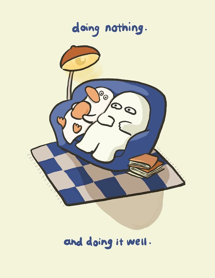 Funny, relatable doodle of two characters relaxing on a couch, illustrating everyday thoughts with humor and simplicity.