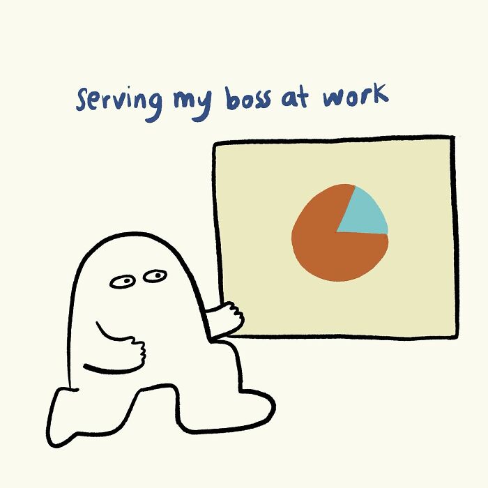Minimalist funny doodle of a character serving a pie chart at work, illustrating relatable everyday thoughts humor.