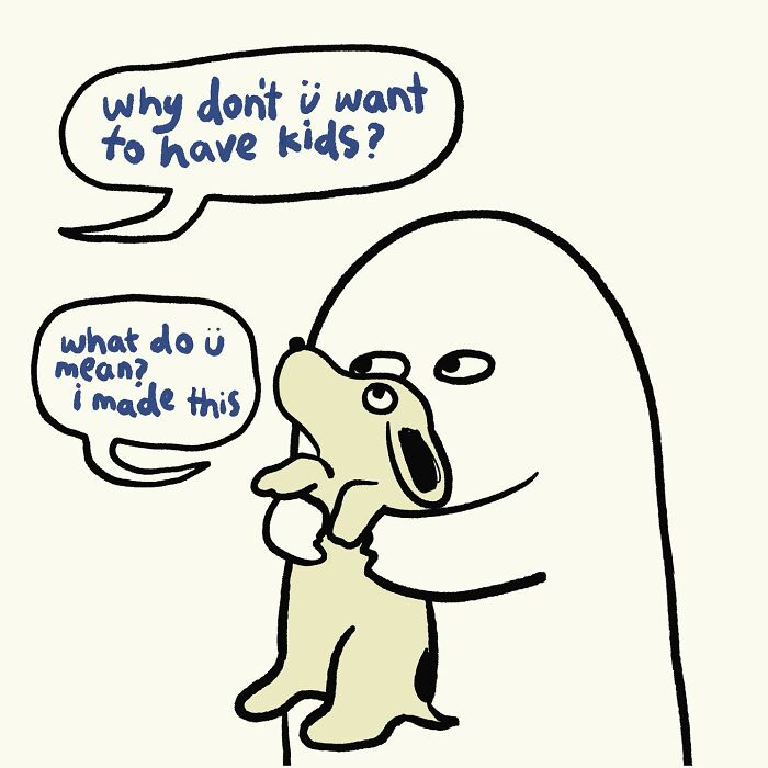 Simple doodle of a character holding a dog with speech bubbles, showcasing funny relatable everyday thoughts in art form.