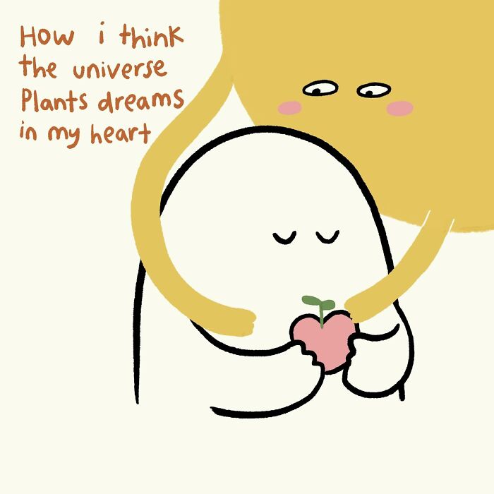 Simple doodle of a character holding a heart-shaped plant, illustrating everyday thoughts in funny, relatable doodles style.