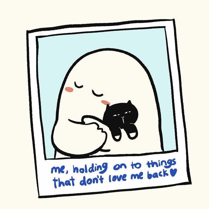 Simple doodle of a character hugging a cat, illustrating funny and relatable everyday thoughts in art.