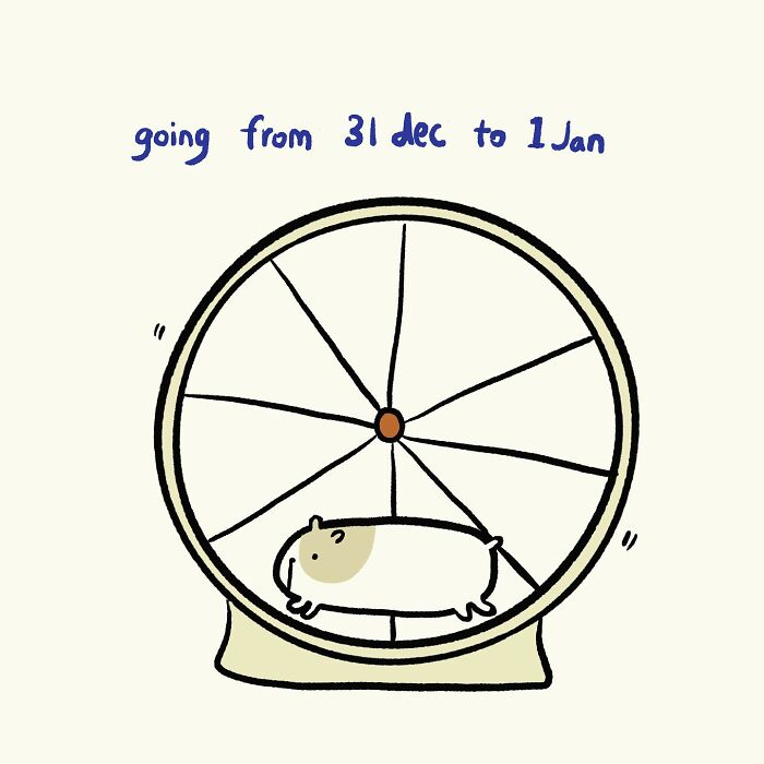 Humorous and relatable doodle of a hamster running on a wheel illustrating everyday thoughts about the New Year transition.