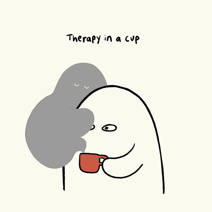 Simple doodle of a person holding a cup with a comforting gray figure labeled therapy in a cup, funny relatable doodles.
