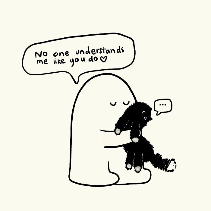 Simple doodle of a figure hugging a cat, expressing relatable and funny everyday thoughts about understanding and comfort.