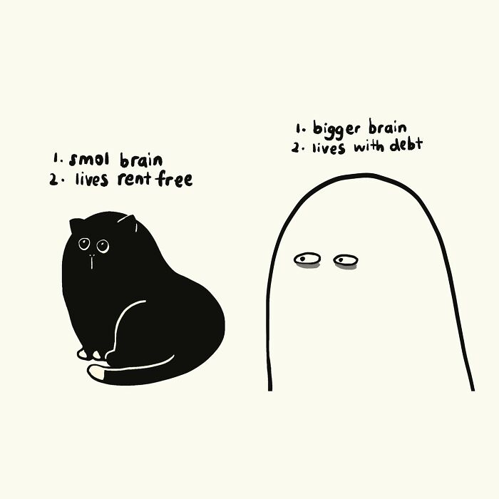 Funny relatable doodles featuring a small cat and a blob illustrating everyday thoughts about brain size and life situations.