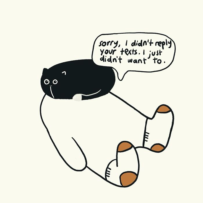 Black cat lying on oversized socks with speech bubble saying sorry I didn't reply, a funny relatable doodle about everyday thoughts.