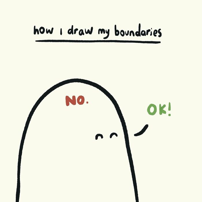 Simple doodle illustrating personal boundaries with the words no and ok in a funny, relatable everyday thought style.