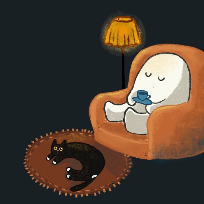 Cozy doodle of a relaxed character drinking tea in an armchair with a black cat on a rug, capturing relatable everyday thoughts.