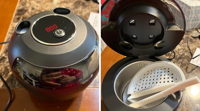 Small silver digital air fryer with a red LED timer on top, shown closed and open with white accessories inside on a kitchen counter.