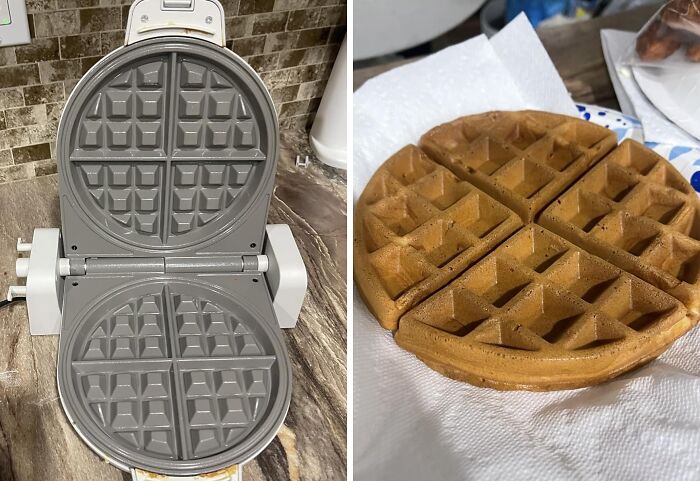 Waffle maker and freshly cooked round waffle on a paper towel, highlighting Cyber Monday deals on kitchen appliances.