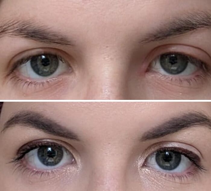 Close-up comparison of eyes before and after makeup application showcasing beauty with Cyber Monday deals.