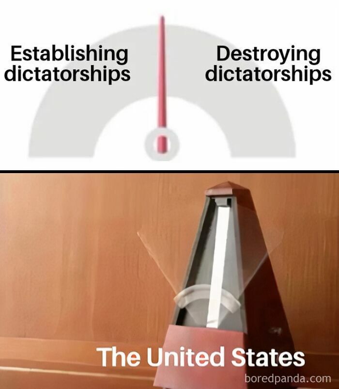 Metronome labeled The United States swinging between establishing and destroying dictatorships in a hilarious history meme.