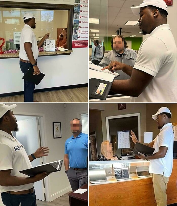 Man in white shirt and cap discussing concepts of existence, reality, and the universe in various office settings.