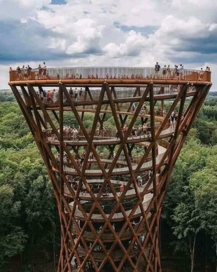 Observation tower with spiraling walkway surrounded by trees, symbolizing existence and reality in the universe.