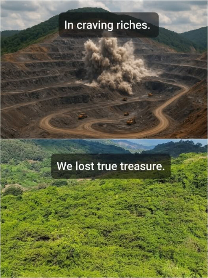 Mining site explosion in a barren landscape above a lush green forest representing existence and reality.