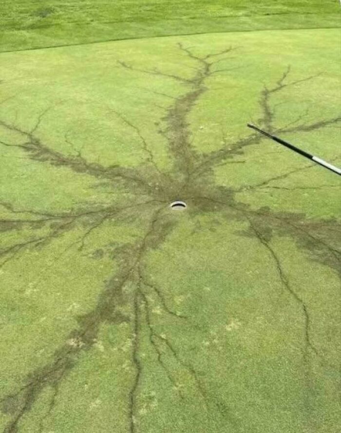Lightning strike pattern around a golf hole on a green representing a visual metaphor for existence and the universe.