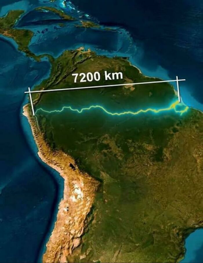 Satellite view of South America highlighting a 7200 km measurement illustrating reality and existence in the universe context.