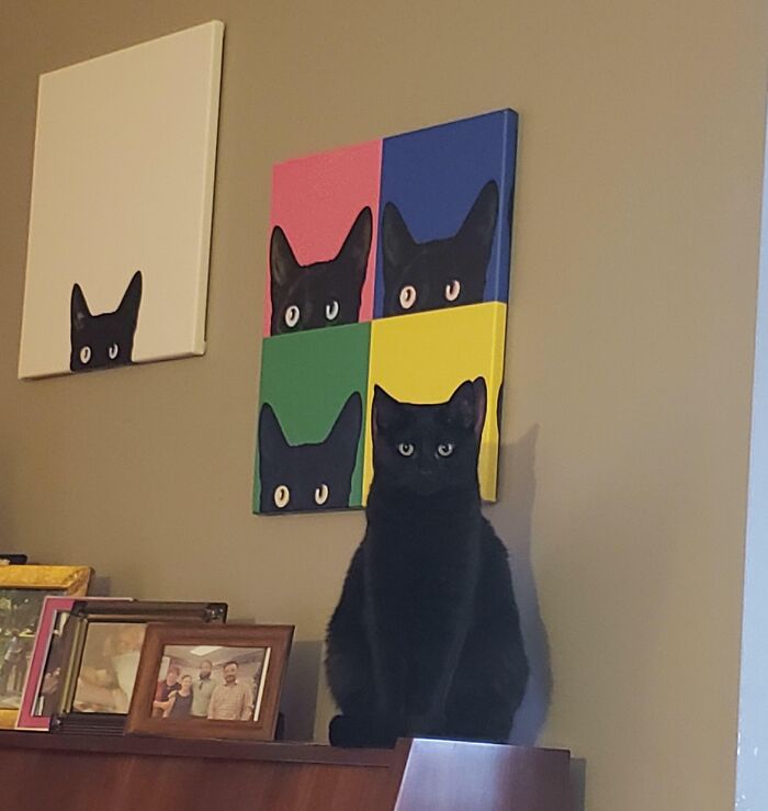 Black cat perfectly aligned with cat paintings on wall, creating a visually striking and perfectly aligned scene.