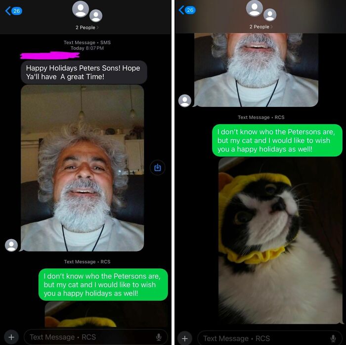 Funny wrong number text exchange showing a man wishing holidays and a cat responding with a humorous message.