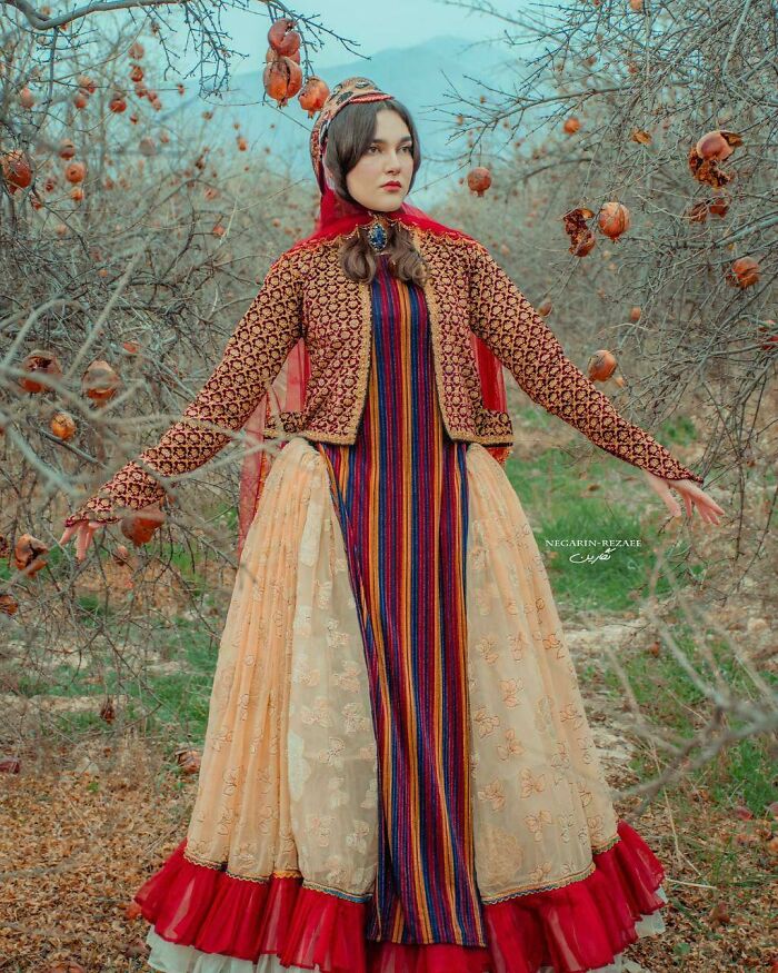 Young woman in traditional colorful dress stands among leafless trees with persimmons, capturing beauty and diversity of humans.