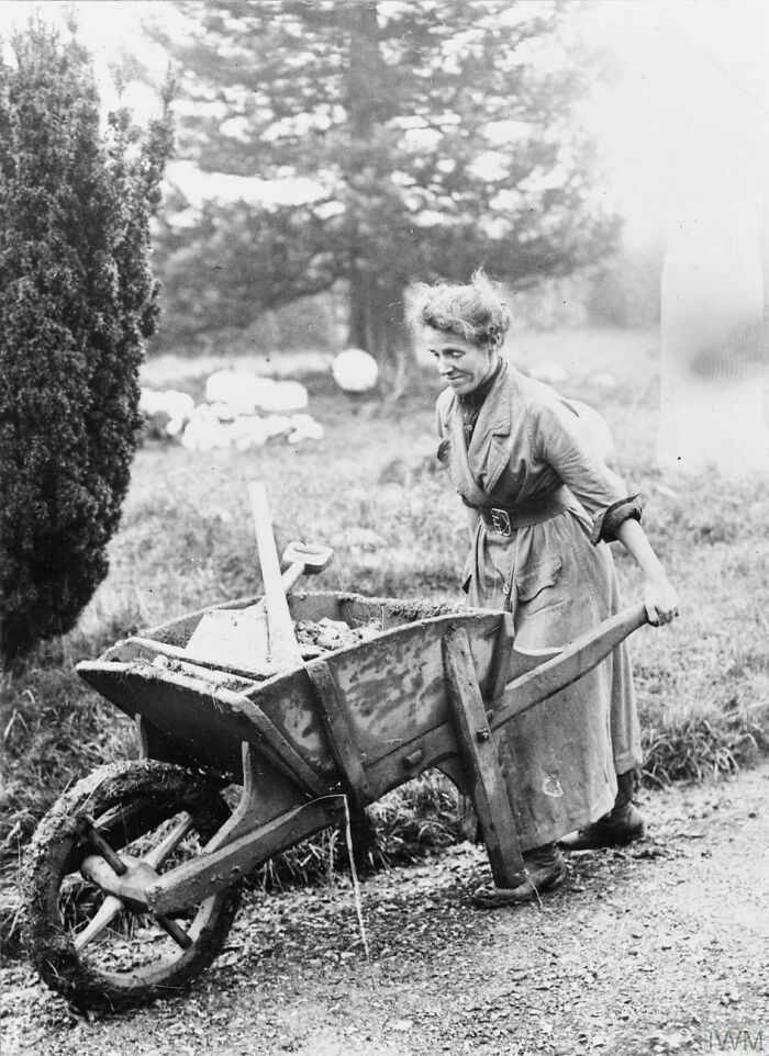 Black and white portrait of a determined woman pushing a wheelbarrow, capturing the strength and diversity of humans.