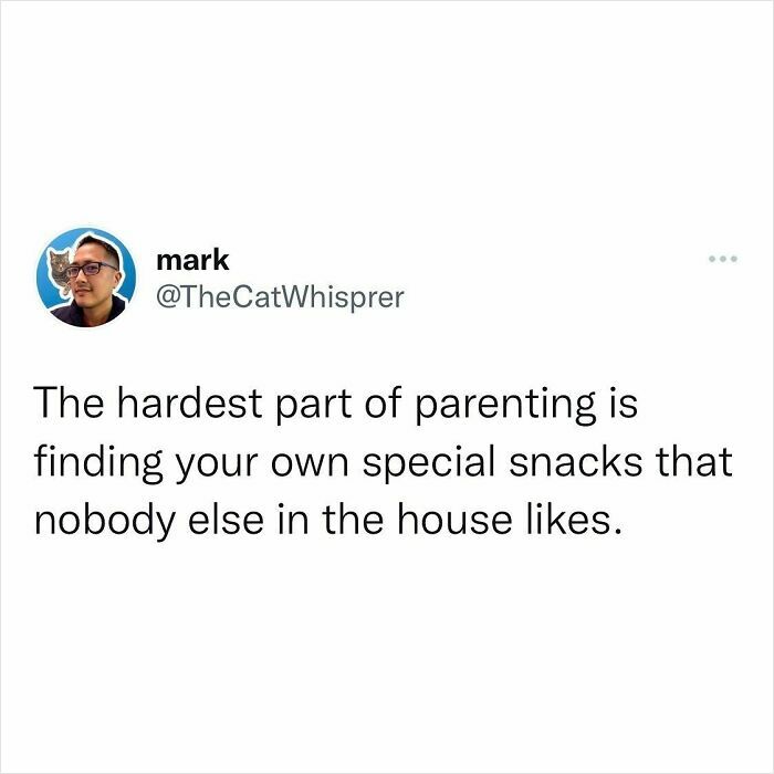 Tweet about the hardest part of parenting involving finding special snacks no one else in the house likes.