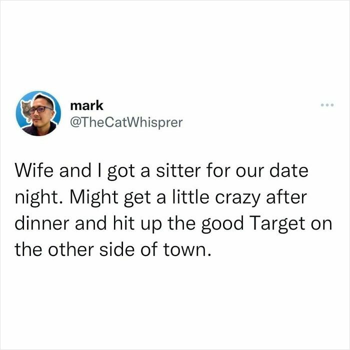 Tweet about parenting and marriage humor describing a low-key date night with a sitter and shopping trip to Target.