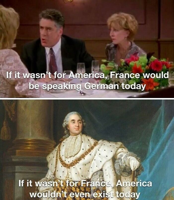 Two-part history meme contrasting America and France's impact, humorously highlighting key moments in history and culture.