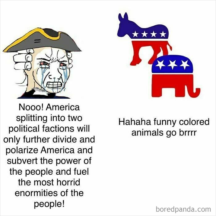 Crying historical figure reacts to political factions, while colorful animal symbols humorously represent American politics history memes.