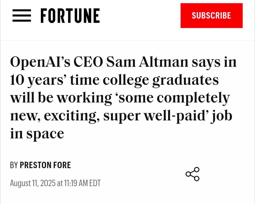 Screenshot of a Fortune article headline about college graduates working exciting, well-paid jobs in space.