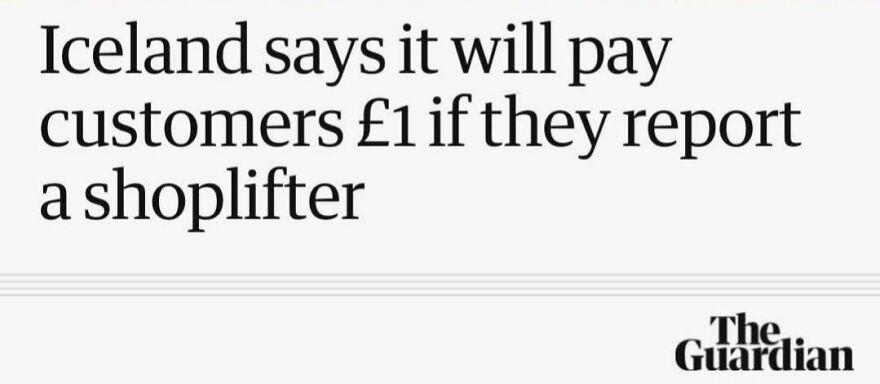Headline about Iceland offering customers payment to report shoplifters, featured in The Guardian article on wholesome posts exposed.