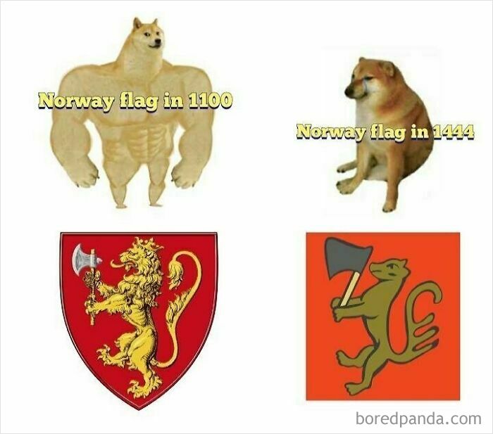 Comparison of Norway flag history meme featuring muscular and sad doge, illustrating hilarious history memes on Norwegian flags.