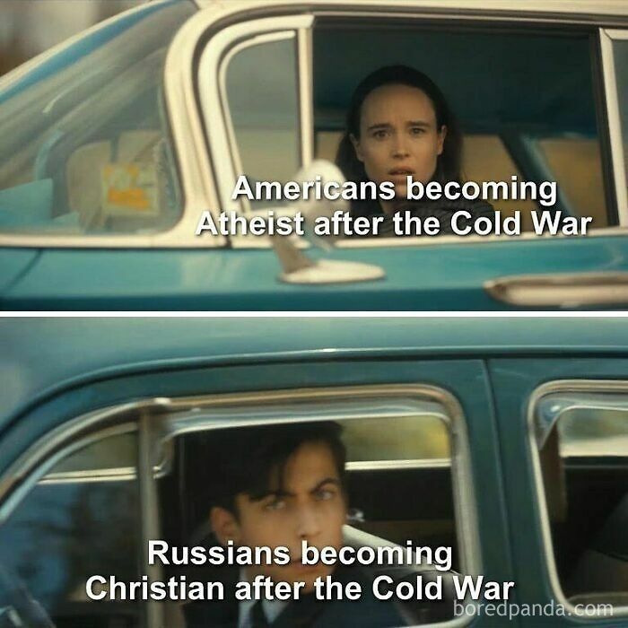 Two-panel meme showing reactions after the Cold War, highlighting funny history memes about cultural changes.