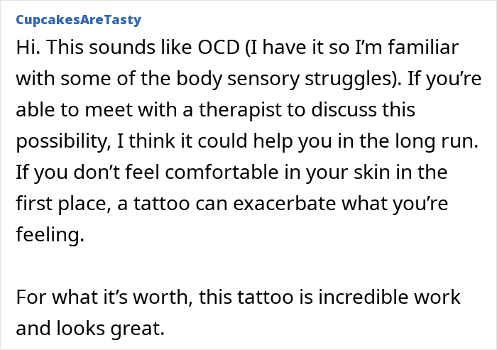 Commenter discussing tattoo regret and depression, suggesting therapy for emotional struggles linked to body discomfort.