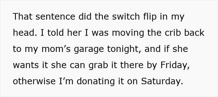 Text on a white background discussing moving a baby crib to a mom&rsquo;s garage for aunt crib storage or donation.