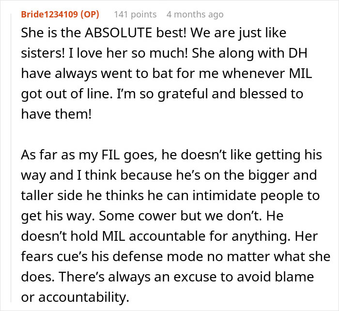 Text post from Reddit user Bride1234109 praising her mother-in-law's support and describing her father-in-law's intimidating behavior and lack of accountability.