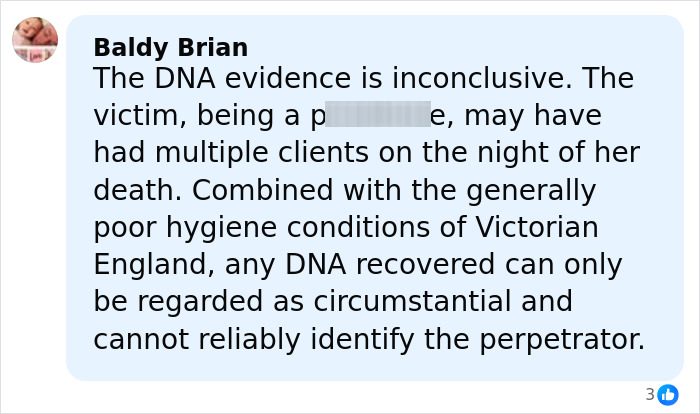 Comment discussing inconclusive DNA evidence and doubts about identifying Jack the Ripper&rsquo;s real identity after breakthrough.