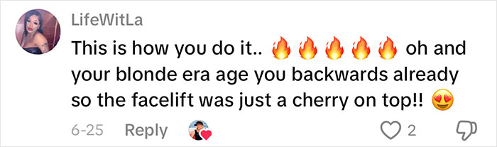 Comment praising a woman&rsquo;s aging progress and facelift results, highlighting confidence and youthful appearance at 70 years old.