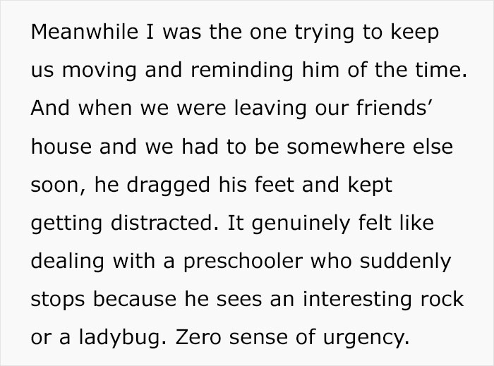 Woman stops treating husband like a kid, frustration grows as he drags feet and gets distracted during plans.