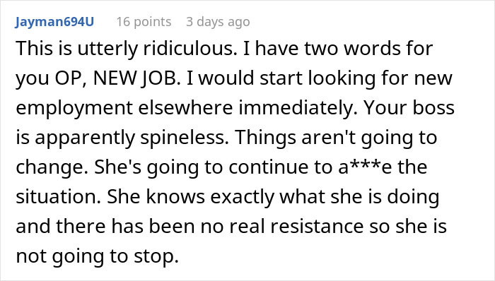 Screenshot of a Reddit comment discussing a woman eating what she shouldn&rsquo;t and the coworker facing consequences.
