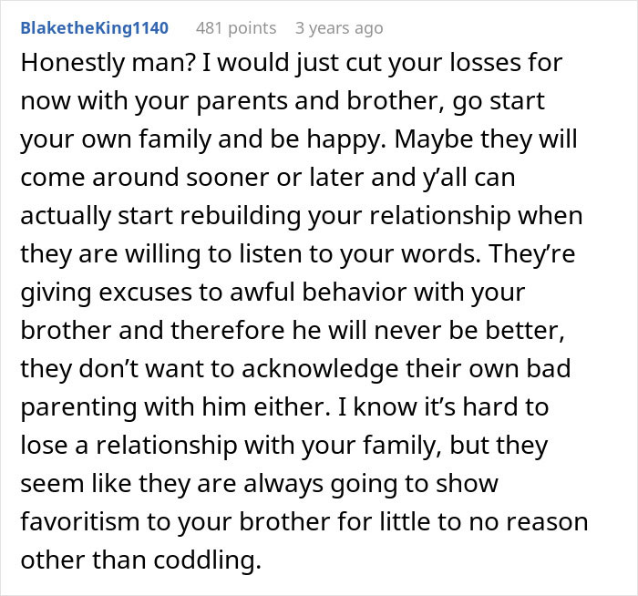 Comment about entitled parents treating autistic brother as golden child, ignoring his creepy behavior and showing favoritism.