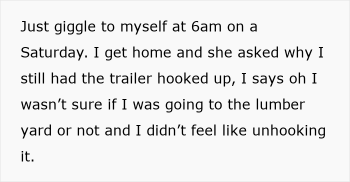 Text showing a humorous message about a trailer still hooked up, related to toxic MIL and inherited tractor dispute.