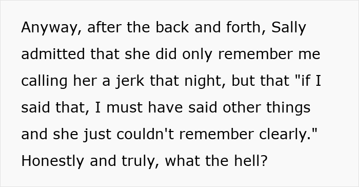 Text excerpt showing a conversation where Sally admits forgetting details after being called a jerk, highlighting confusion and frustration.