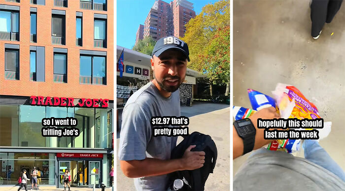 Man outside Trader Joe&rsquo;s in NYC, holding groceries and discussing budget during a $100 survival challenge in the city.