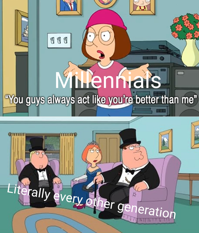 Character from Family Guy dressed in formal wear, humorously depicting generational name chaos with Millennials and others.