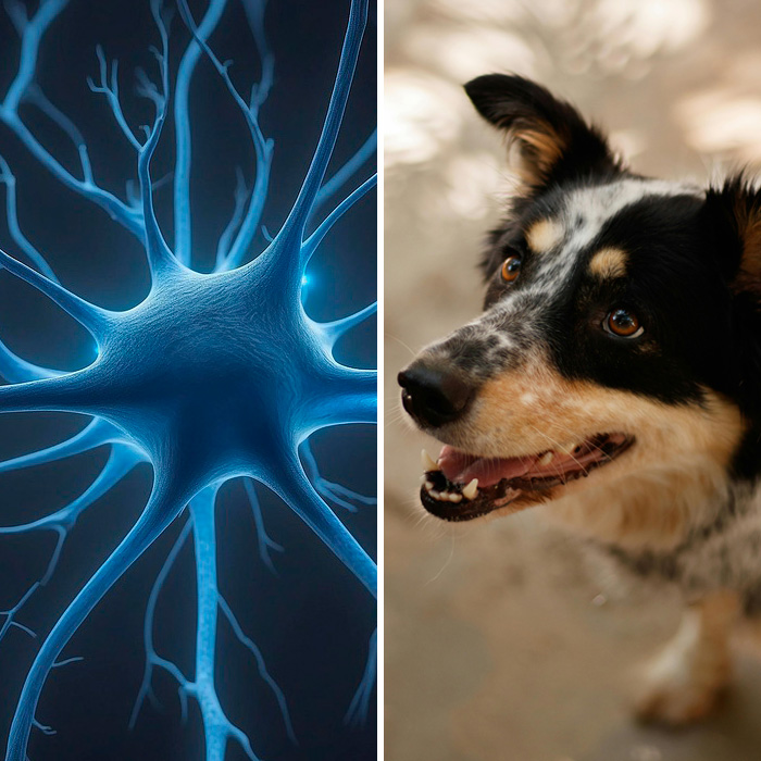 Close-up of a neuron and a happy dog, illustrating the concept of dogs being autistic like humans in scientific research.