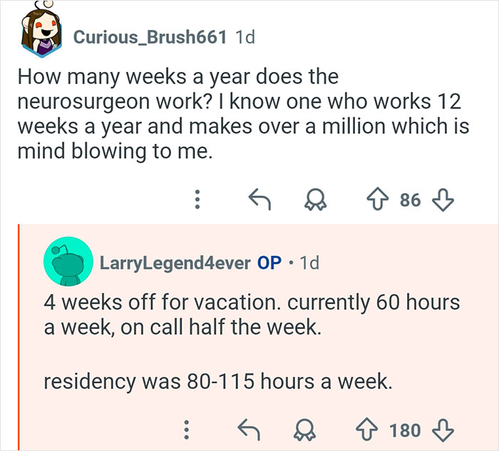 Reddit Q&A about neurosurgeon work hours and residency in a discussion with multiple doctors online.